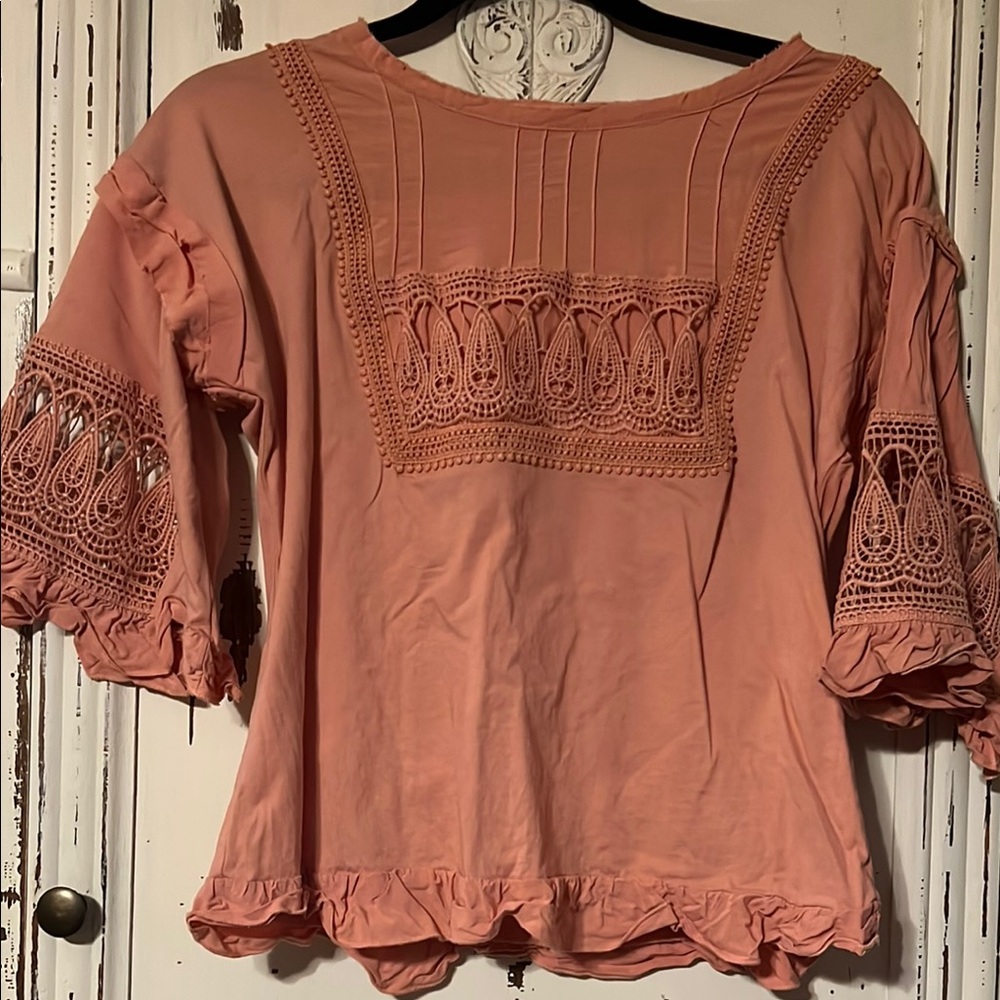 Ruffled Pink and Orange Bell Sleeve Blouse